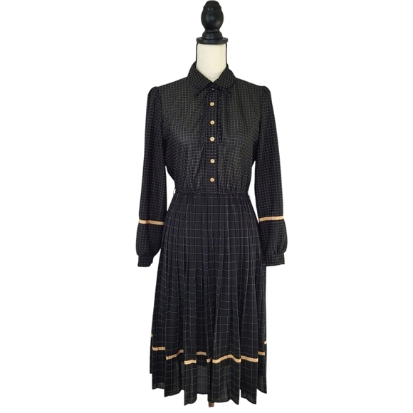 Ms Sugar dress vintage black tan plaid pleated long sleeve button front Size 8 - Picture 1 of 16